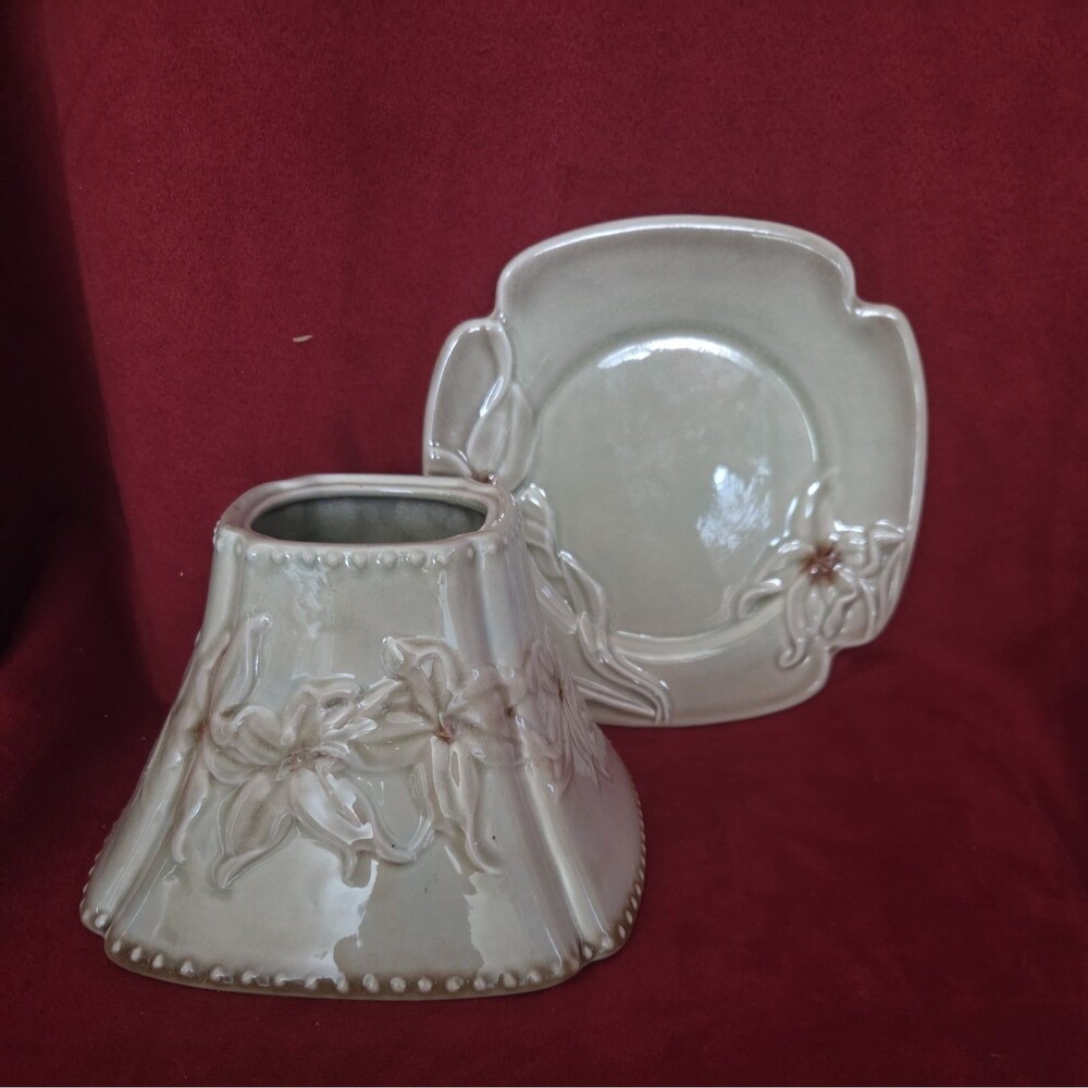 2-pc Yankee Candle Green Orchid Ceramic Candle Shade Topper Plate Holder Crazing